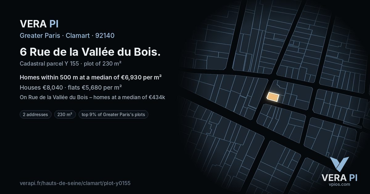 6 Rue de la Vallée du Bois, Clamart at night – the plot lit, the parcels around coloured by the prices near them