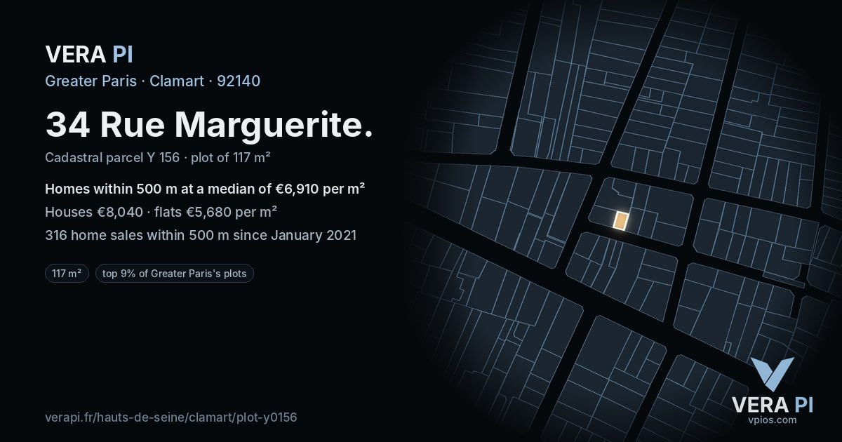 34 Rue Marguerite, Clamart at night – the plot lit, the parcels around coloured by the prices near them