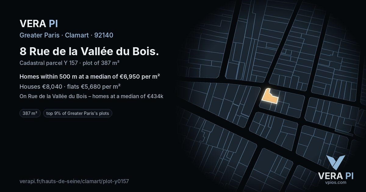8 Rue de la Vallée du Bois, Clamart at night – the plot lit, the parcels around coloured by the prices near them