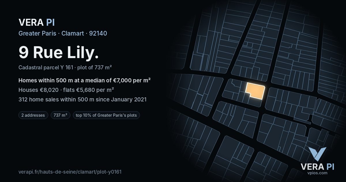 9 Rue Lily, Clamart at night – the plot lit, the parcels around coloured by the prices near them