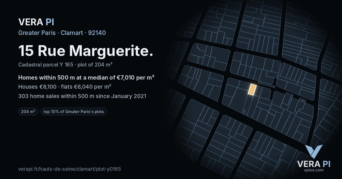 15 Rue Marguerite, Clamart at night – the plot lit, the parcels around coloured by the prices near them