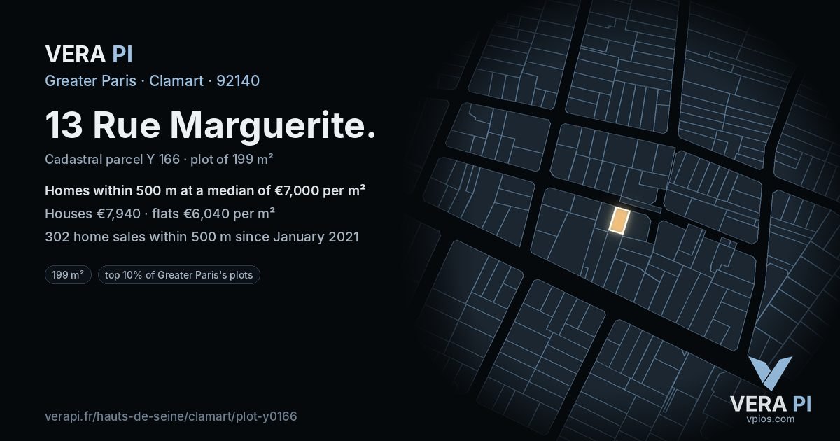 13 Rue Marguerite, Clamart at night – the plot lit, the parcels around coloured by the prices near them