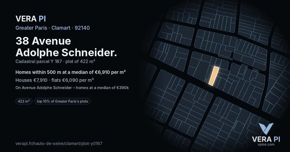 38 Avenue Adolphe Schneider, Clamart at night – the plot lit, the parcels around coloured by the prices near them