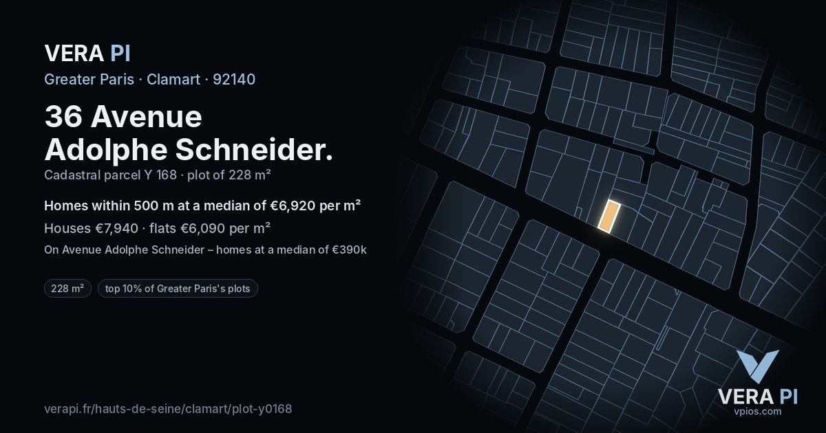 36 Avenue Adolphe Schneider, Clamart at night – the plot lit, the parcels around coloured by the prices near them