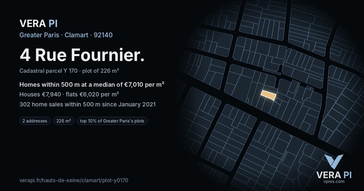 4 Rue Fournier, Clamart at night – the plot lit, the parcels around coloured by the prices near them