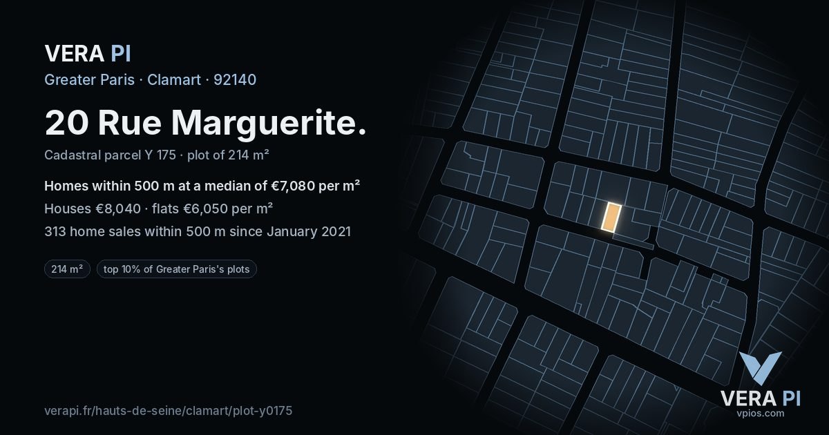 20 Rue Marguerite, Clamart at night – the plot lit, the parcels around coloured by the prices near them