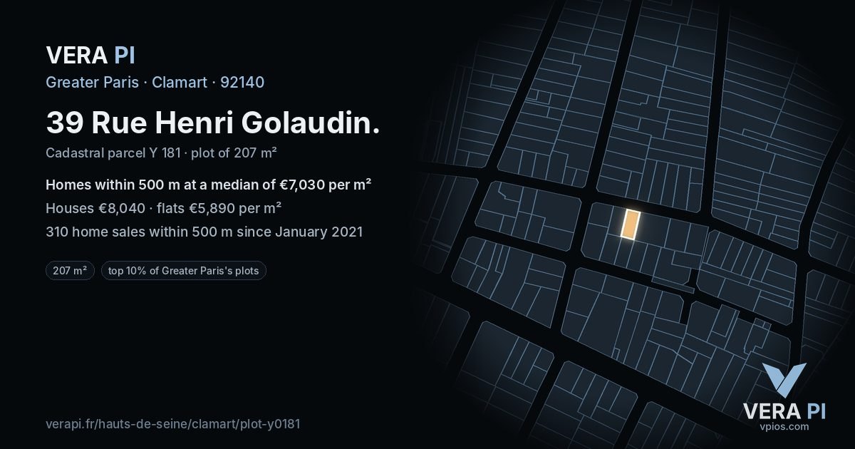 39 Rue Henri Golaudin, Clamart at night – the plot lit, the parcels around coloured by the prices near them