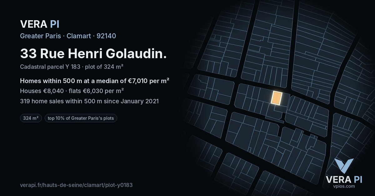 33 Rue Henri Golaudin, Clamart at night – the plot lit, the parcels around coloured by the prices near them