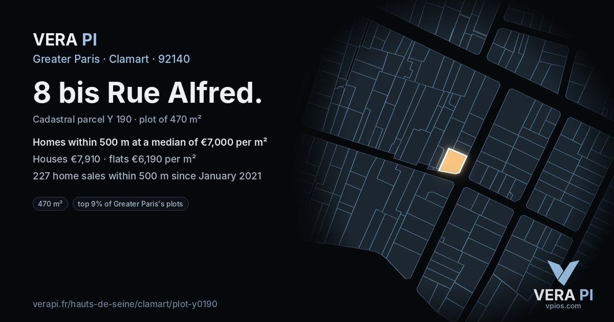 8 bis Rue Alfred, Clamart at night – the plot lit, the parcels around coloured by the prices near them