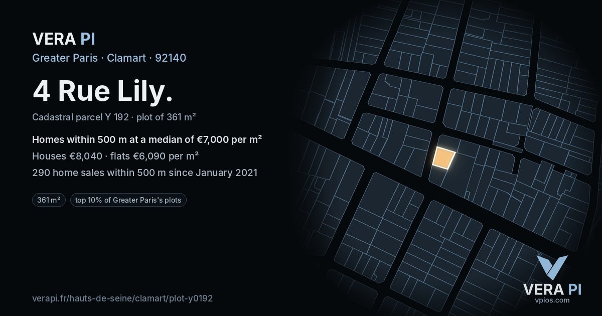 4 Rue Lily, Clamart at night – the plot lit, the parcels around coloured by the prices near them