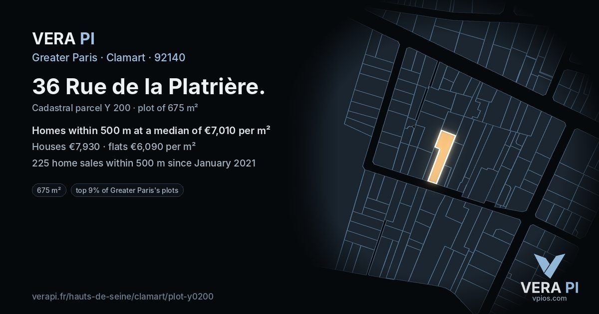 36 Rue de la Platrière, Clamart at night – the plot lit, the parcels around coloured by the prices near them
