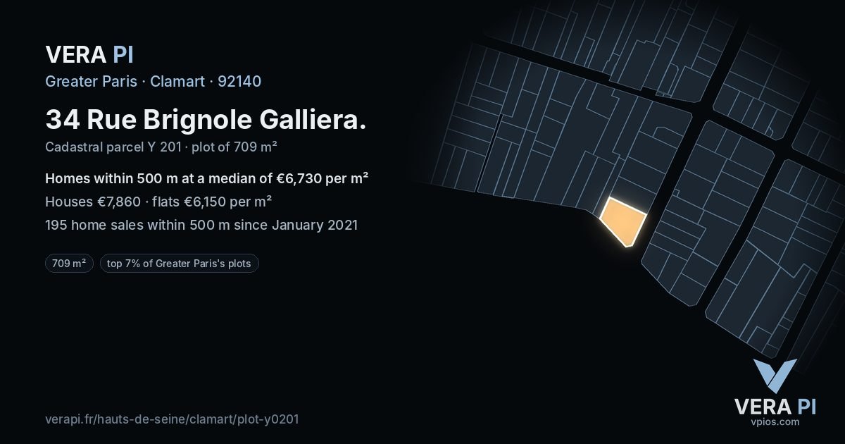 34 Rue Brignole Galliera, Clamart at night – the plot lit, the parcels around coloured by the prices near them