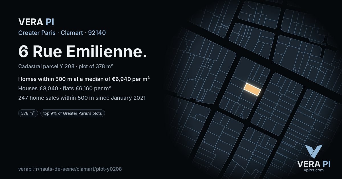 6 Rue Emilienne, Clamart at night – the plot lit, the parcels around coloured by the prices near them