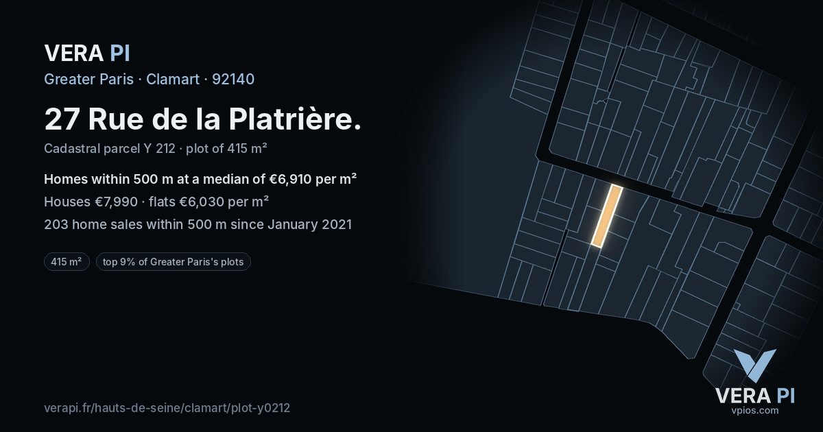 27 Rue de la Platrière, Clamart at night – the plot lit, the parcels around coloured by the prices near them