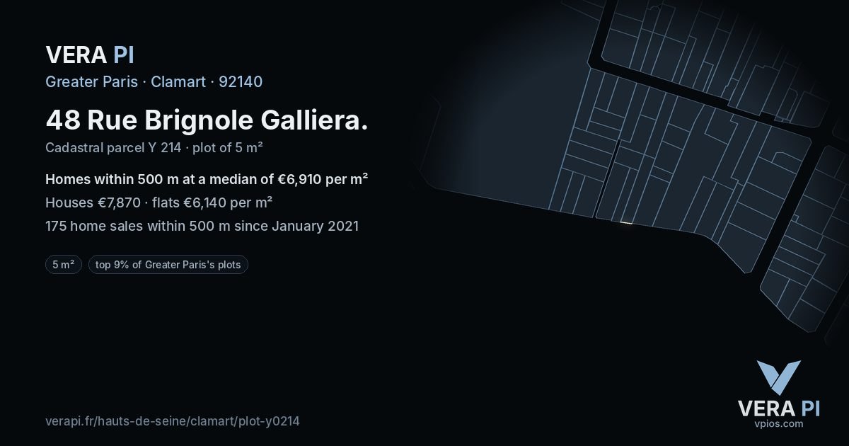 48 Rue Brignole Galliera, Clamart at night – the plot lit, the parcels around coloured by the prices near them