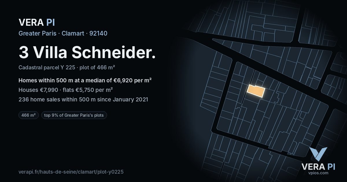 3 Villa Schneider, Clamart at night – the plot lit, the parcels around coloured by the prices near them