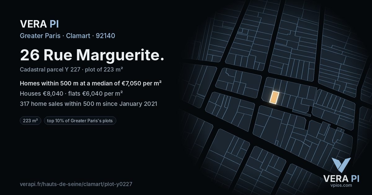 26 Rue Marguerite, Clamart at night – the plot lit, the parcels around coloured by the prices near them