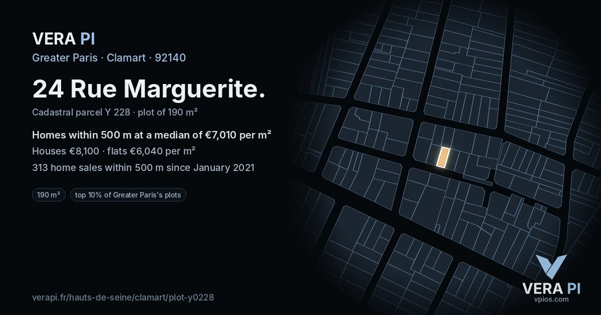 24 Rue Marguerite, Clamart at night – the plot lit, the parcels around coloured by the prices near them