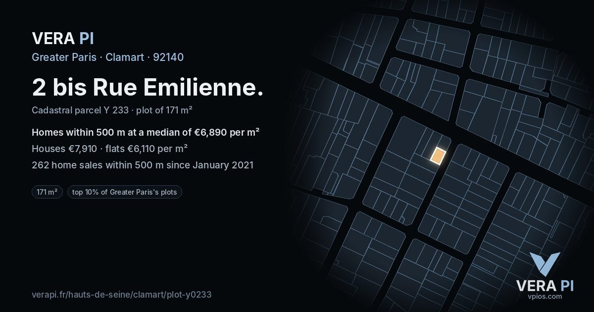 2 bis Rue Emilienne, Clamart at night – the plot lit, the parcels around coloured by the prices near them