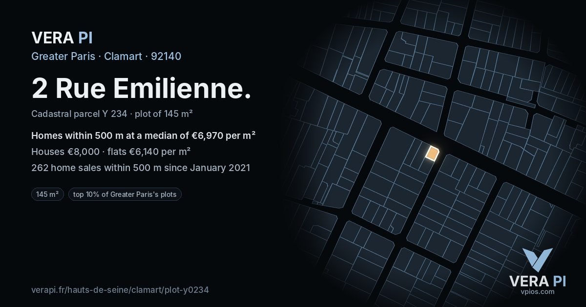 2 Rue Emilienne, Clamart at night – the plot lit, the parcels around coloured by the prices near them
