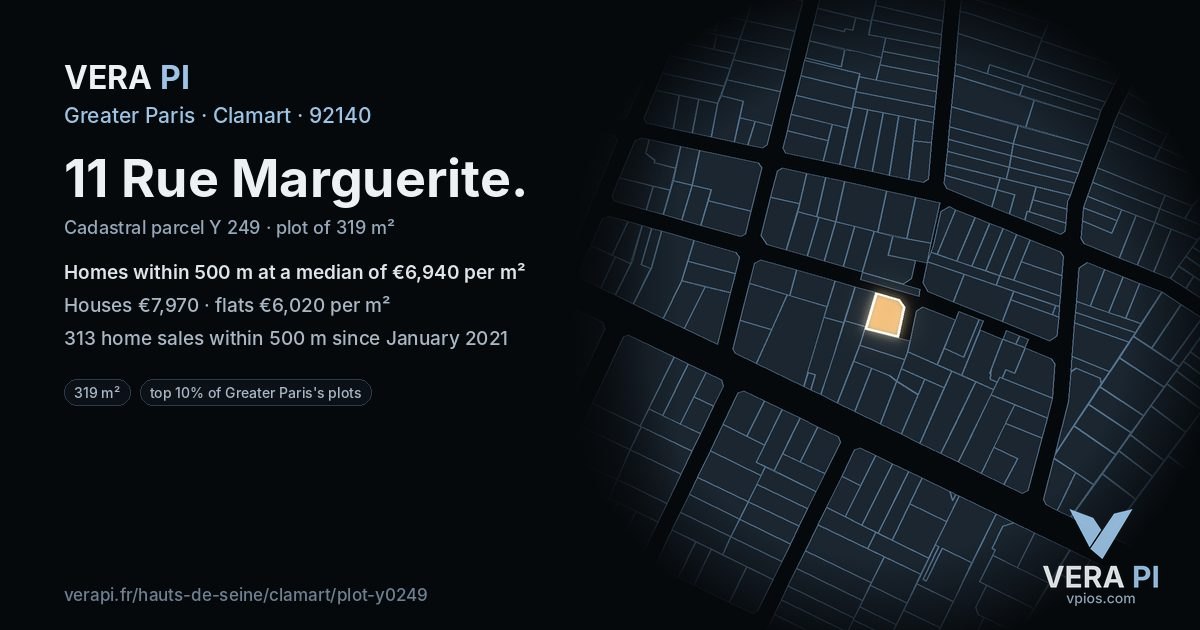 11 Rue Marguerite, Clamart at night – the plot lit, the parcels around coloured by the prices near them