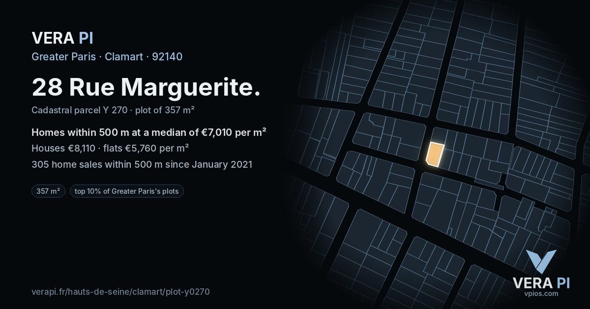 28 Rue Marguerite, Clamart at night – the plot lit, the parcels around coloured by the prices near them