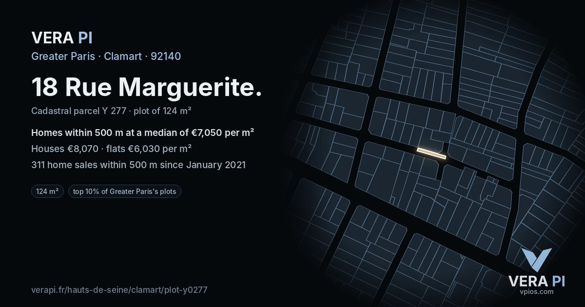 18 Rue Marguerite, Clamart at night – the plot lit, the parcels around coloured by the prices near them