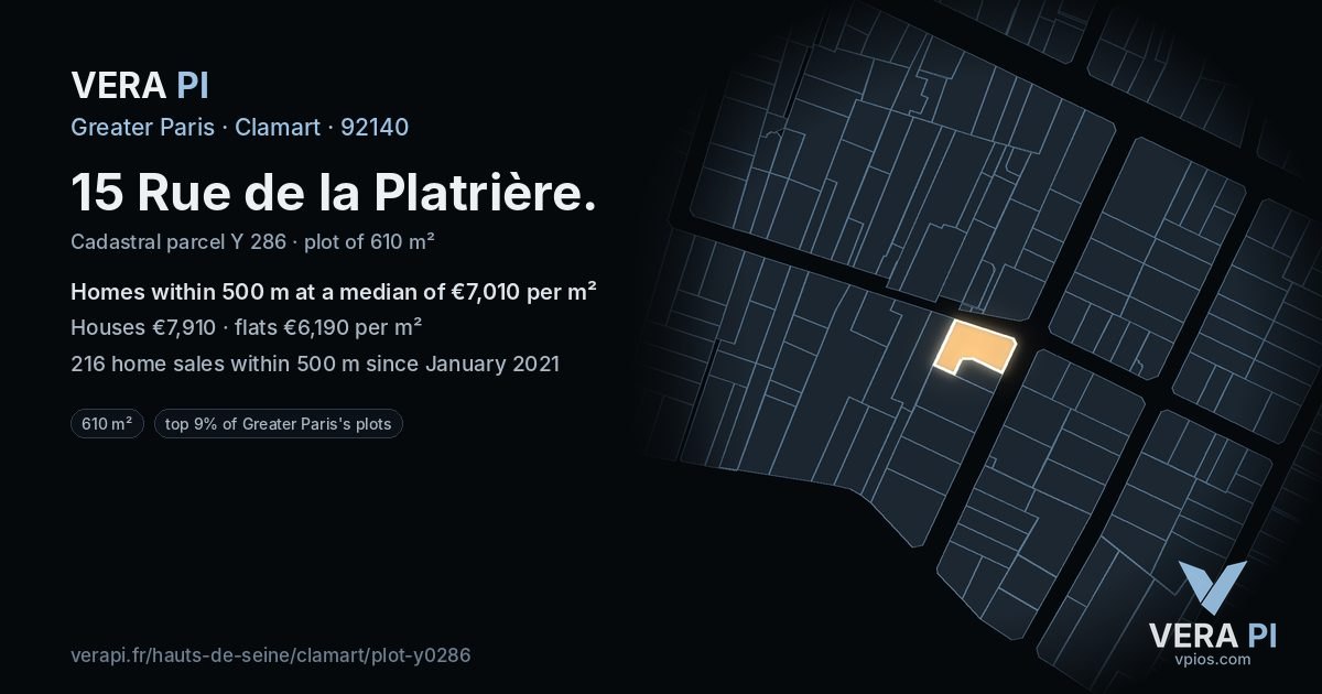 15 Rue de la Platrière, Clamart at night – the plot lit, the parcels around coloured by the prices near them