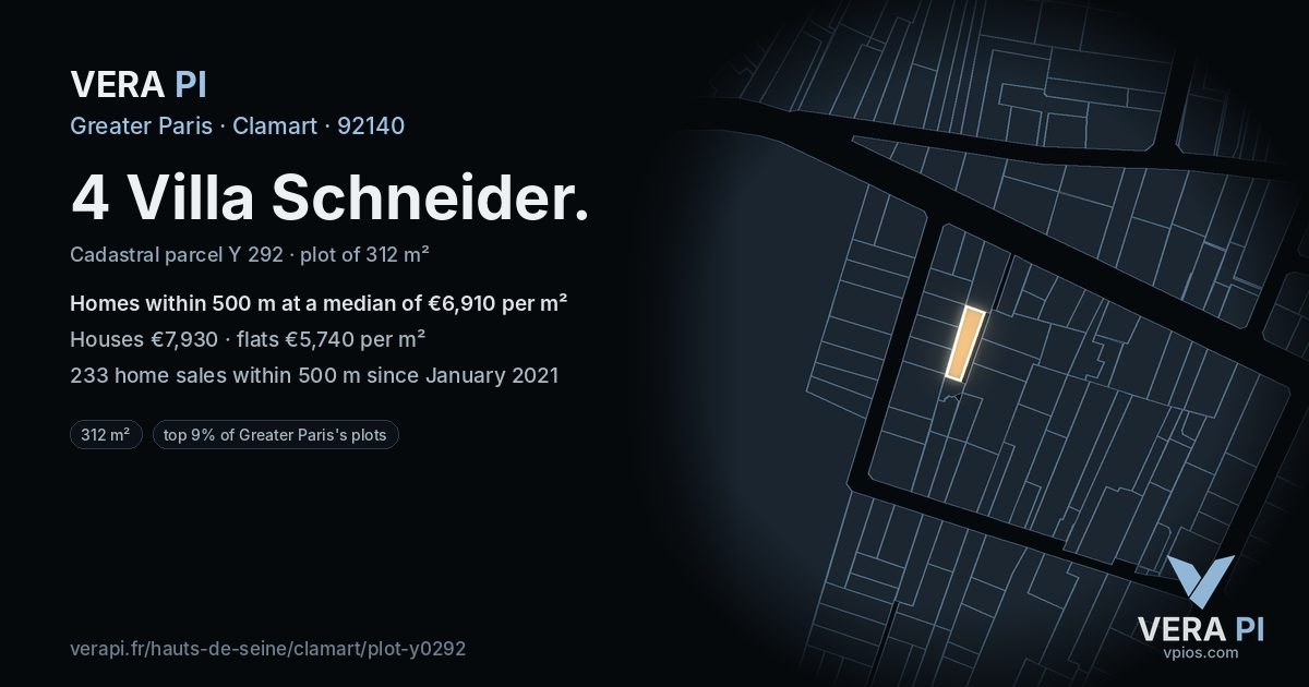 4 Villa Schneider, Clamart at night – the plot lit, the parcels around coloured by the prices near them
