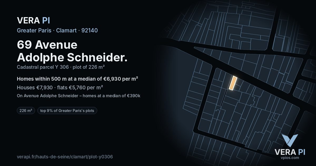 69 Avenue Adolphe Schneider, Clamart at night – the plot lit, the parcels around coloured by the prices near them