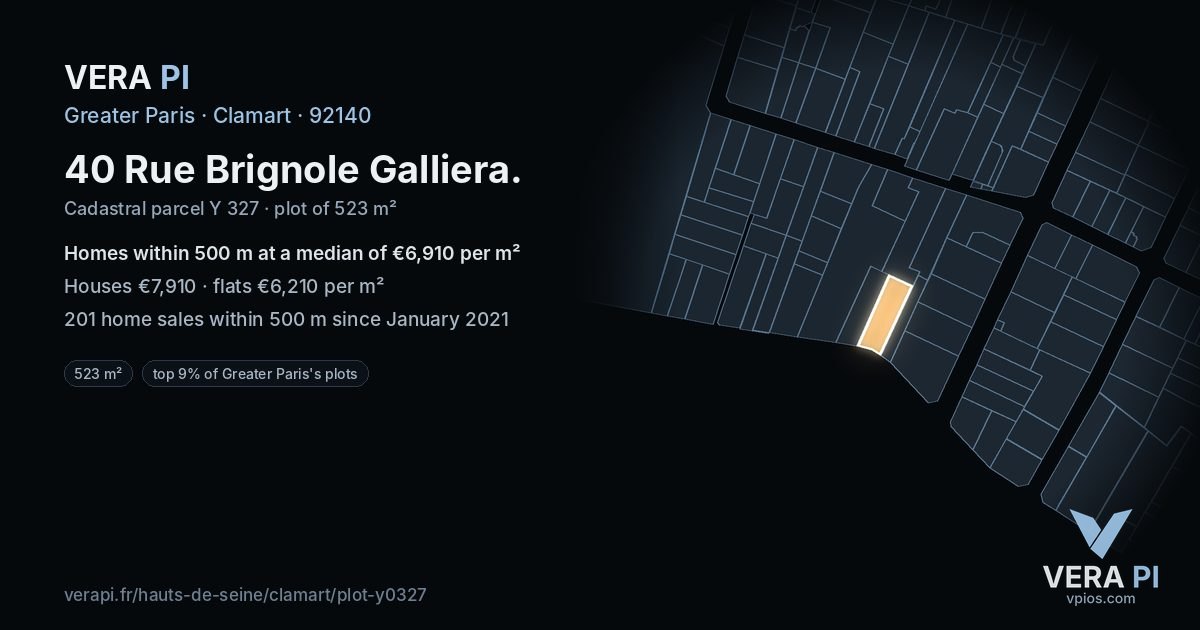 40 Rue Brignole Galliera, Clamart at night – the plot lit, the parcels around coloured by the prices near them