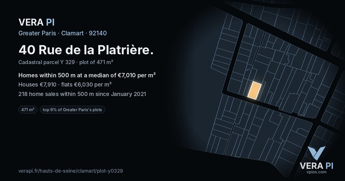 40 Rue de la Platrière, Clamart at night – the plot lit, the parcels around coloured by the prices near them