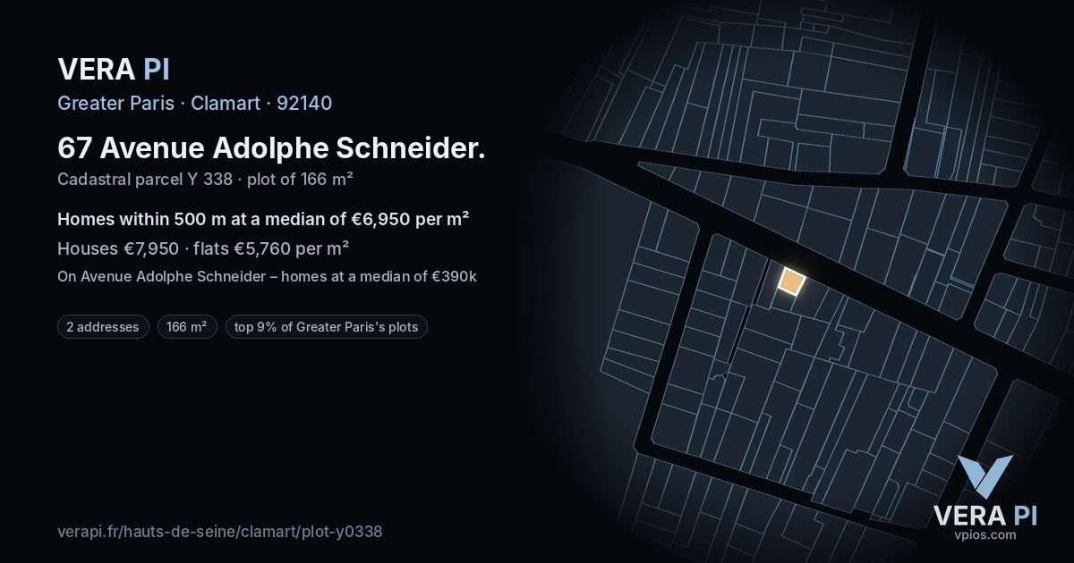 67 Avenue Adolphe Schneider, Clamart at night – the plot lit, the parcels around coloured by the prices near them