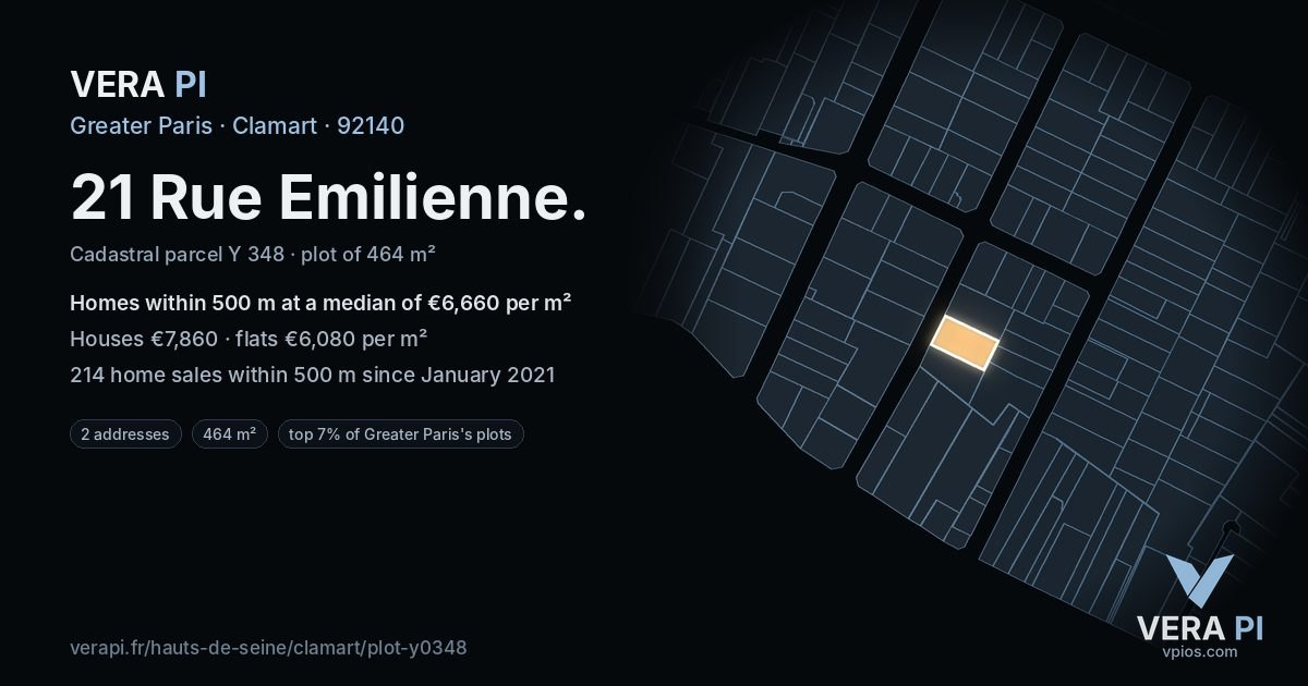 21 Rue Emilienne, Clamart at night – the plot lit, the parcels around coloured by the prices near them
