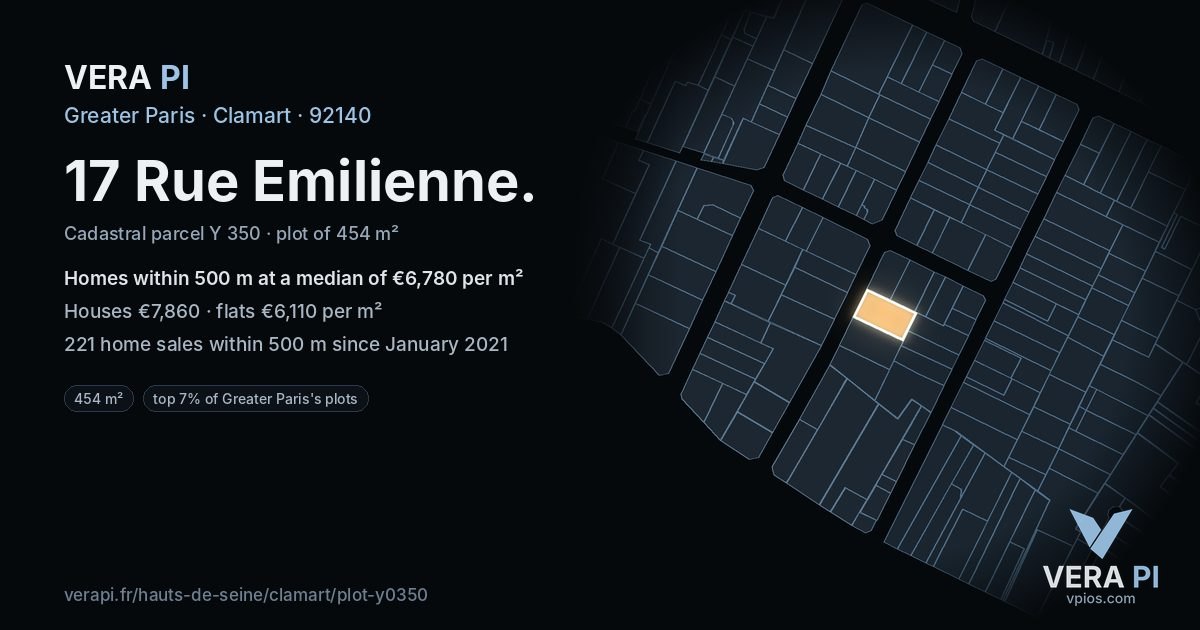 17 Rue Emilienne, Clamart at night – the plot lit, the parcels around coloured by the prices near them