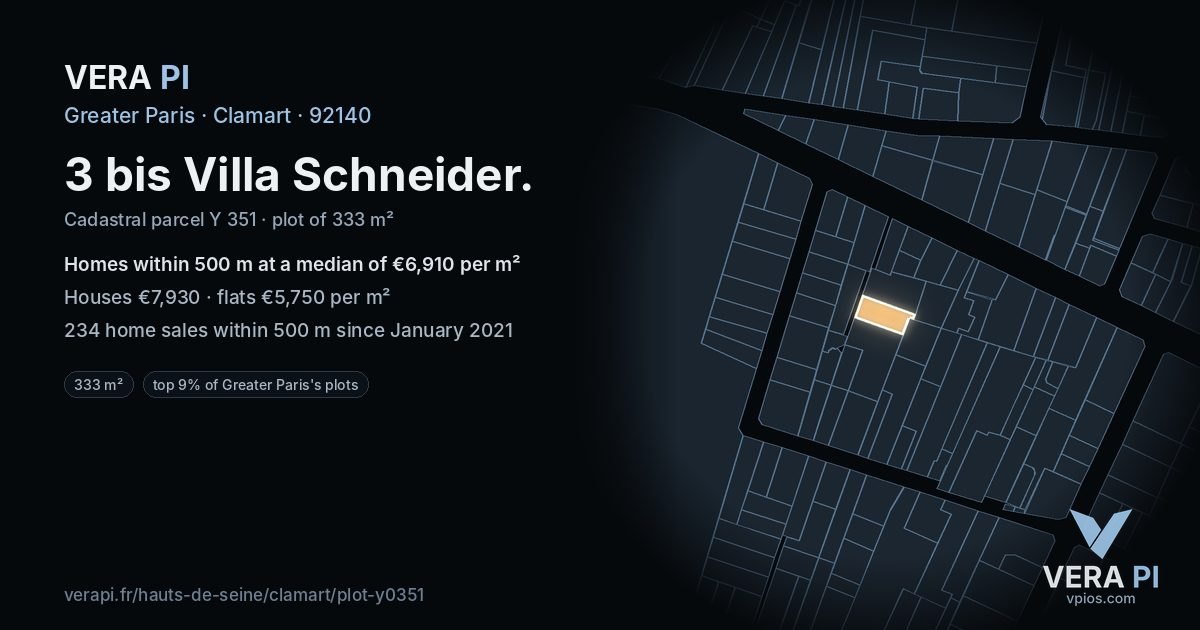 3 bis Villa Schneider, Clamart at night – the plot lit, the parcels around coloured by the prices near them