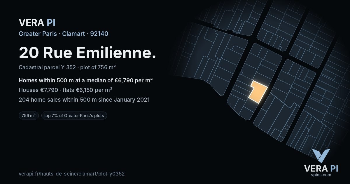 20 Rue Emilienne, Clamart at night – the plot lit, the parcels around coloured by the prices near them