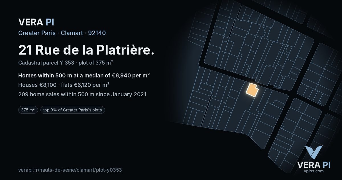 21 Rue de la Platrière, Clamart at night – the plot lit, the parcels around coloured by the prices near them