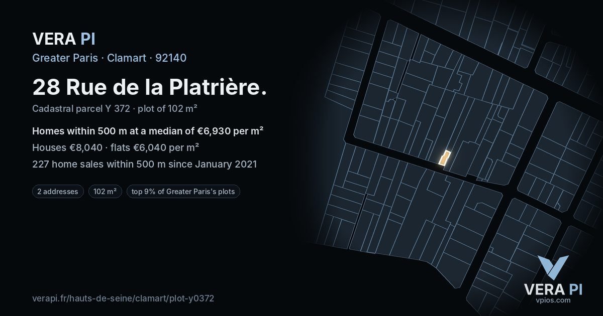 28 Rue de la Platrière, Clamart at night – the plot lit, the parcels around coloured by the prices near them