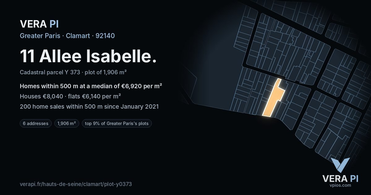 11 Allee Isabelle, Clamart at night – the plot lit, the parcels around coloured by the prices near them
