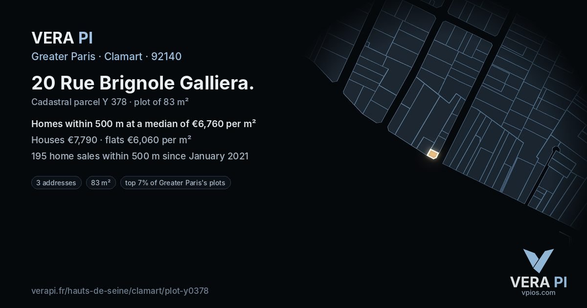 20 Rue Brignole Galliera, Clamart at night – the plot lit, the parcels around coloured by the prices near them
