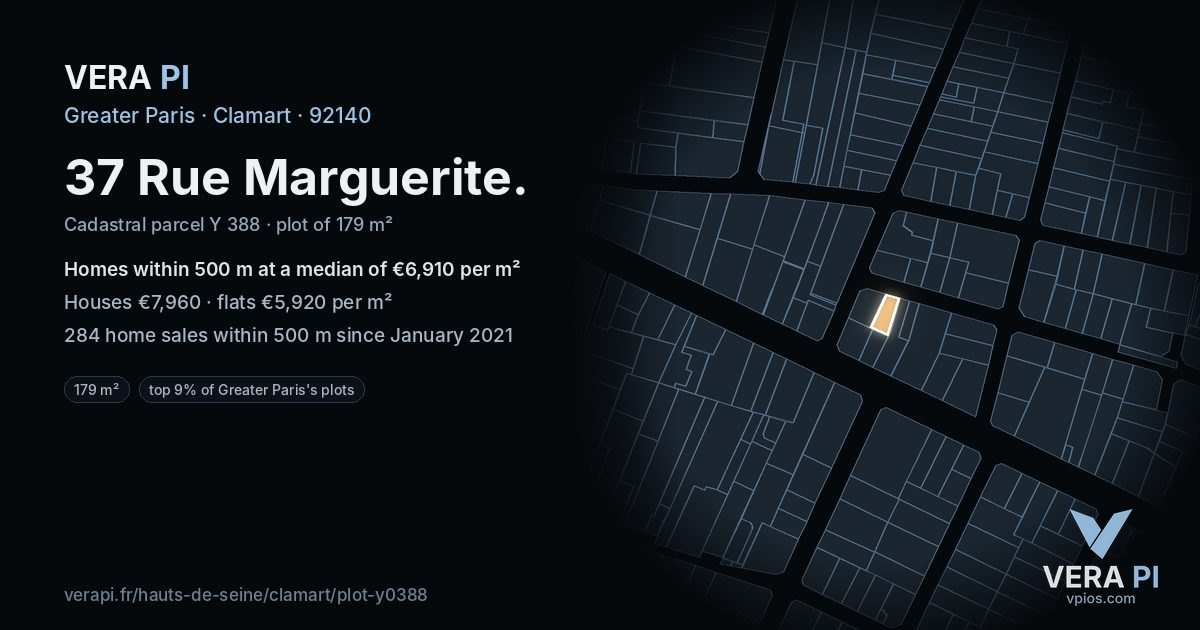 37 Rue Marguerite, Clamart at night – the plot lit, the parcels around coloured by the prices near them