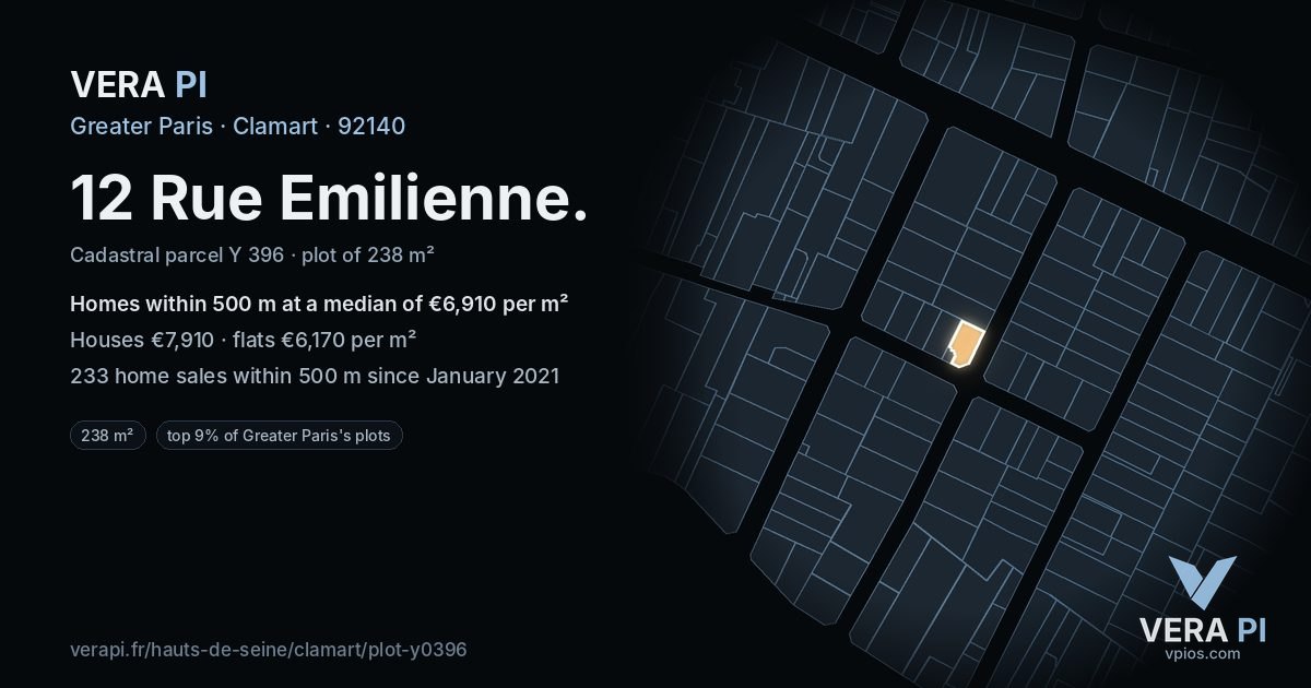 12 Rue Emilienne, Clamart at night – the plot lit, the parcels around coloured by the prices near them