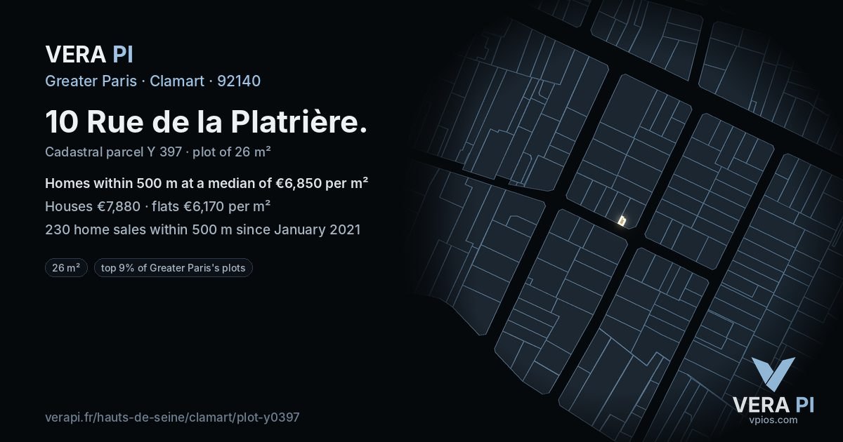 10 Rue de la Platrière, Clamart at night – the plot lit, the parcels around coloured by the prices near them