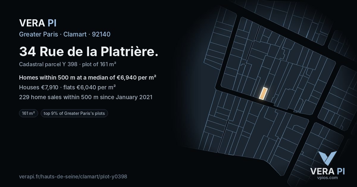 34 Rue de la Platrière, Clamart at night – the plot lit, the parcels around coloured by the prices near them
