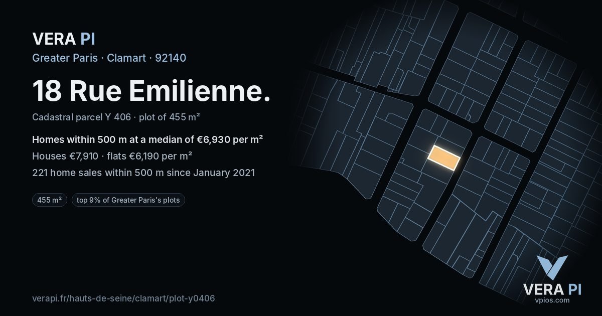 18 Rue Emilienne, Clamart at night – the plot lit, the parcels around coloured by the prices near them