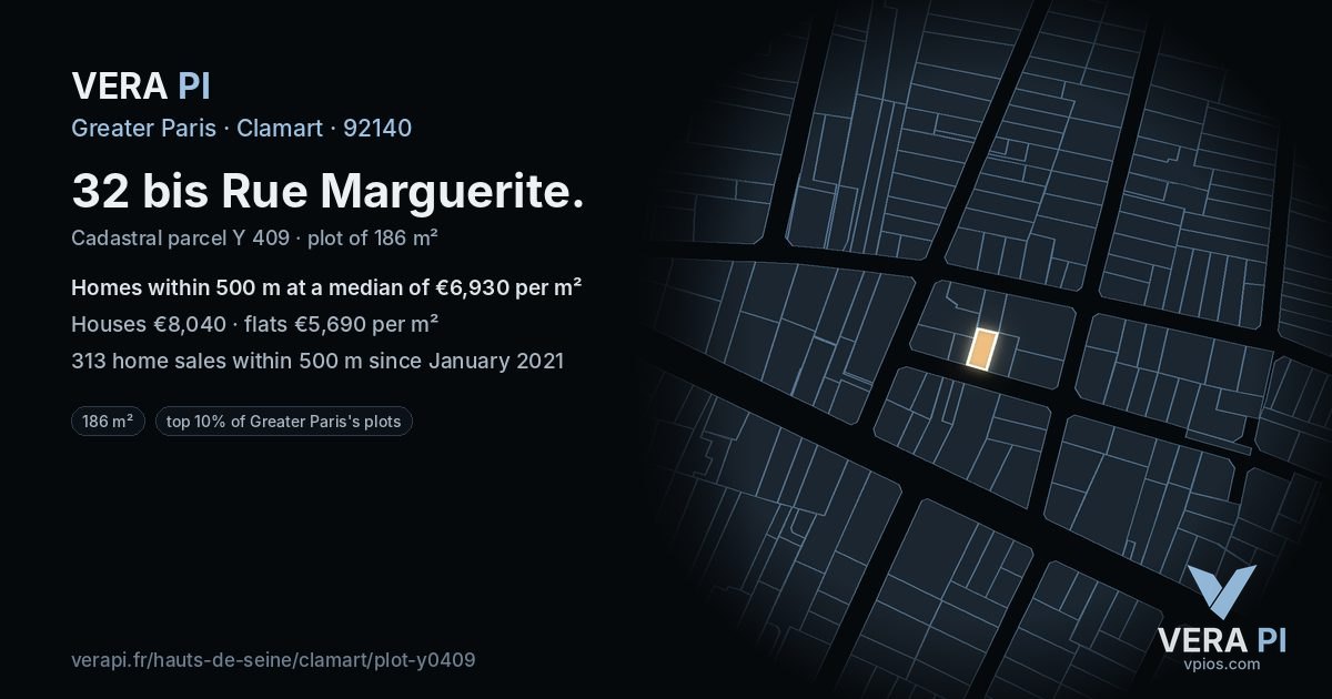 32 bis Rue Marguerite, Clamart at night – the plot lit, the parcels around coloured by the prices near them