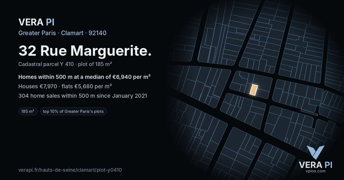 32 Rue Marguerite, Clamart at night – the plot lit, the parcels around coloured by the prices near them