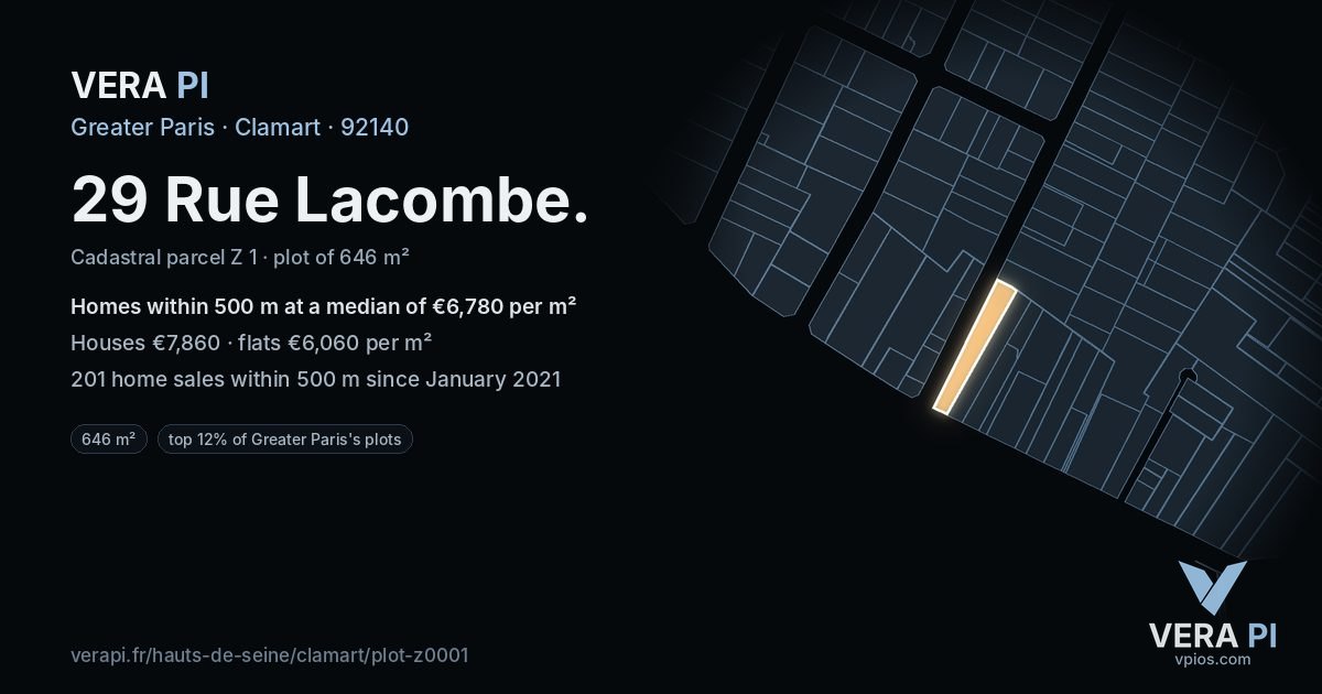 29 Rue Lacombe, Clamart at night – the plot lit, the parcels around coloured by the prices near them
