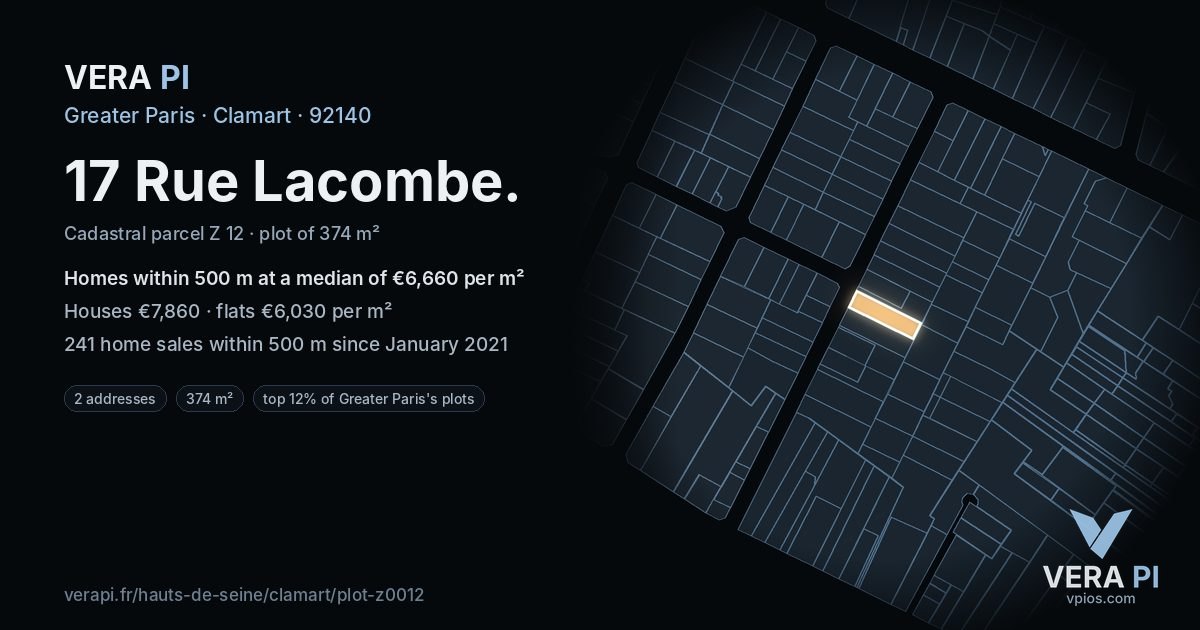 17 Rue Lacombe, Clamart at night – the plot lit, the parcels around coloured by the prices near them